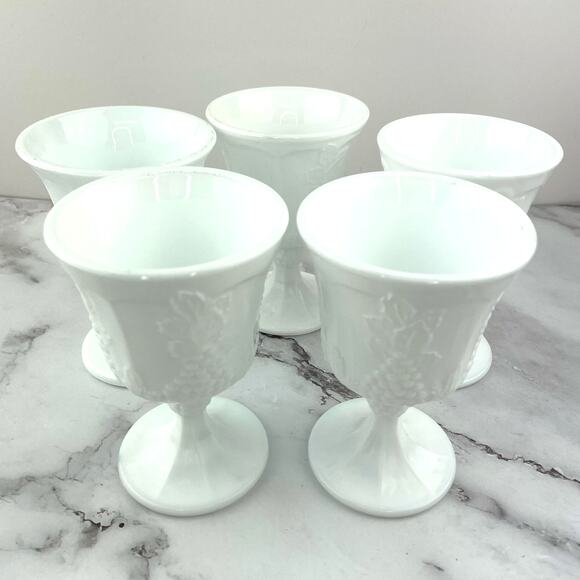 Indiana Glass Colony Harvest Milk Glass Footed Water/Wine Goblets Glasses 5 pcs - Picture 2 of 10